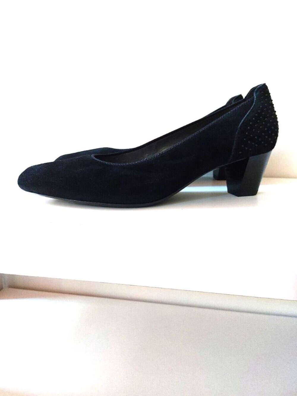 Ara suede 2-inch block-heel micro-studded cushioned padded black pump US9.5=EU40